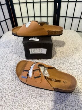 Tan Double-Buckle Slide Sandals for Women